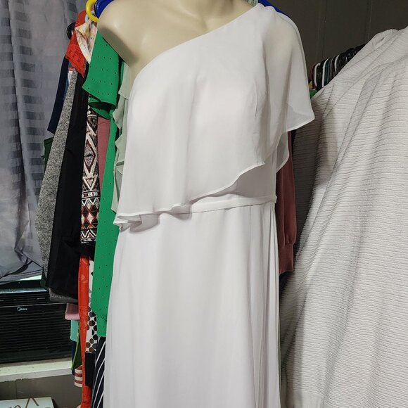 Azazie A-Line One Shoulder Chiffon Floor Length White Dress Size 12 - Picture 1 of 7